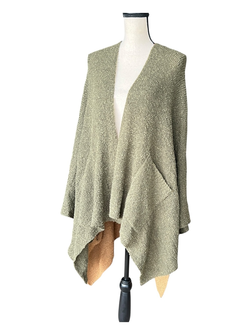 Open-Front Olive Rust Missy Knit Cape Wrap Cardigan with Pockets